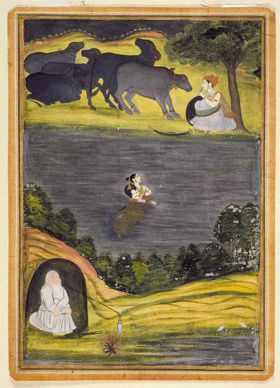 Sohni Swims to Meet Her Lover Mahinwal Painting: Faqir Ullah Khan (India, Uttar Pradesh, Lucknow or Farrukhabad, circa 1780)